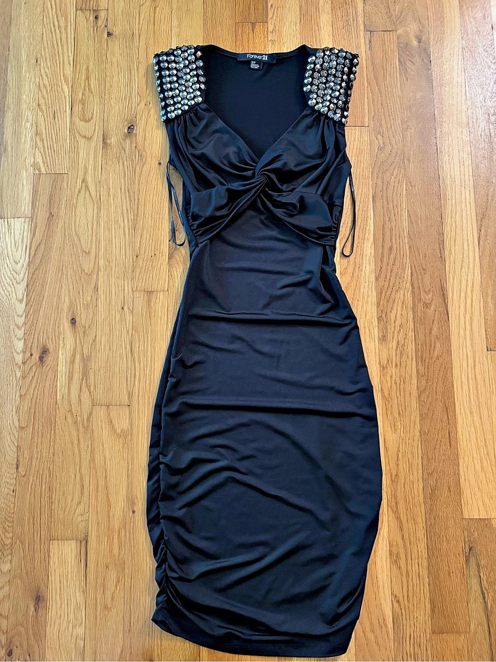 Vintage Y2K Forever 21 Studded Shoulder Twist Front Bodycon Mini Dress Black S